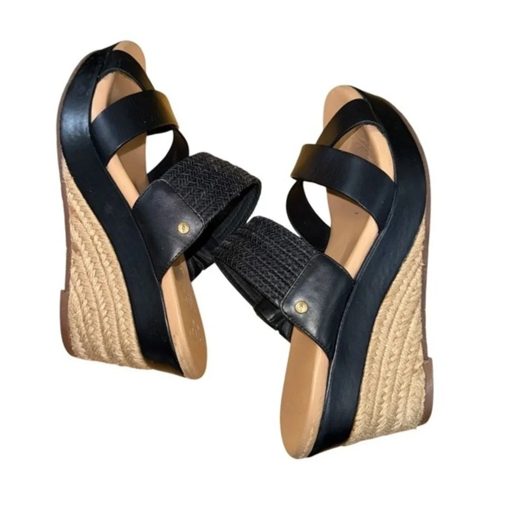 UGG Adriana Wedge Sandals Womens 8.5 Espadrille Slide Black Leather Braided Logo
